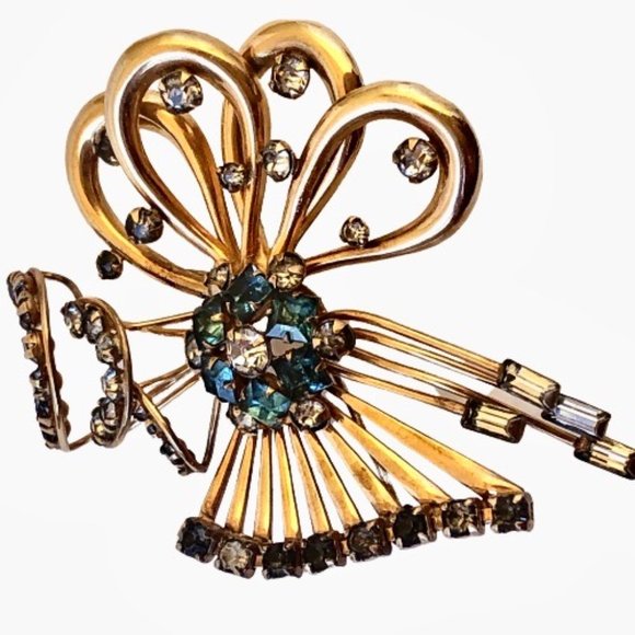 M&S Rhinestone Bow Brooch 1/20 12K Gold Filled Vintage Signed 1950s - Picture 15 of 16